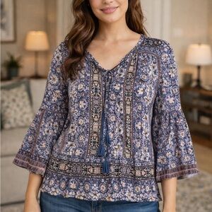 American Rag Boho Floral Peasant Top Womens M Stretch Cottagecore Blue Pink
